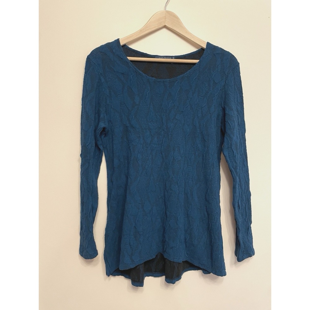 Vintage Cut Loose Long Sleeve Top Women‎ Medium Blue Textured Stretch Boho Retro